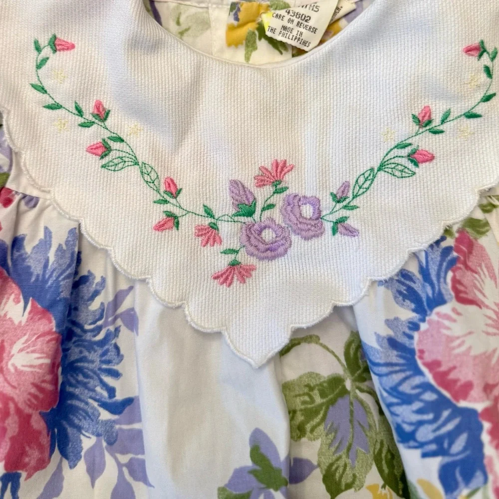 Vintage Baby Bubble Scalloped Collar With Eyelet Lace Trim, Floral‎ Pattern, 12m